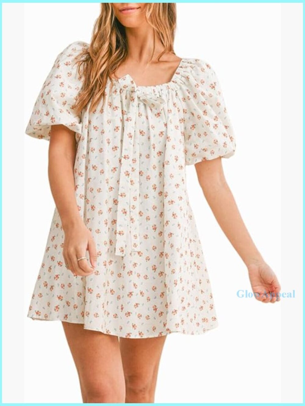 Floral Print Mini Dress with Puff Sleeves and Bow Detail